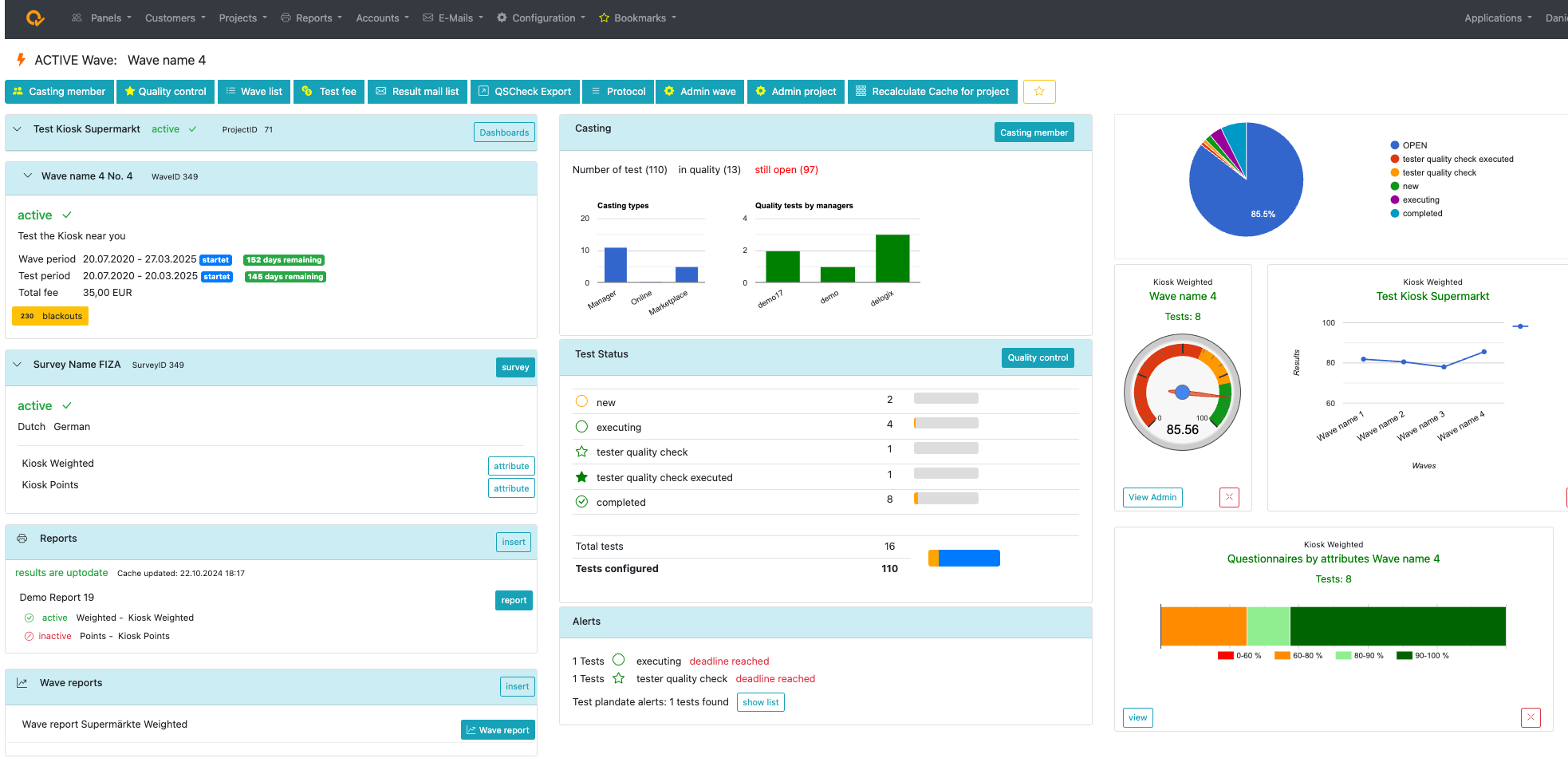 QSCheck admin dashboard showing active wave, casting, test status and quality metrics